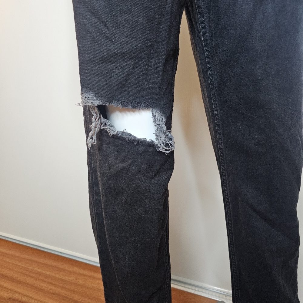 &Denim Black Distressed Highwaist Jeans 90s Straight Droit 100% Cotton Size 4 - Picture 7 of 7